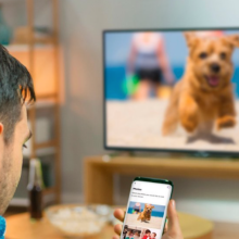 Man looking at phone with puppy and TV with same puppy in living room