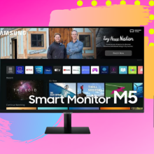 Smart monitor with streaming menu against a pink background with yellow polka dots, purple and blue, and golden yellow.