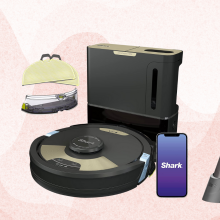 An assortment of Shark vacuums on pastel background