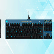 Logitech keyboard, mouse, and webcam on blue background