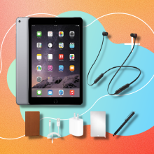 refurbished ipad, beats flex headphones, and other accessories with colorful background