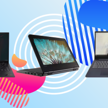 Three Lenovo laptops against a blue background with pink, orange, and blue shapes.