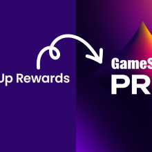 the gamestop powerup rewards logo next to the new gamestop pro logo with an arrow between them