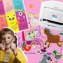 Digital collage of kids crafts featuring Epson printer