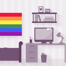illustration of college dorm room in black and white except for rainbow flag