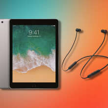 refurbished ipad and beats headphones on an orange and teal gradient background