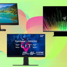 three gaming monitors: upper left, bottom center, upper right