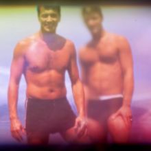 Two shirtless men in a composite of two 60s-era photos.