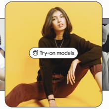 Three images featuring models of color with a "Try on models" button hovering over them.