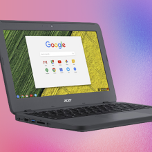 Acer Chromebook laptop displaying an internet browser screen on a colorful background