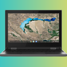 A Lenovo 2-in-1 Chromebook overlaid on a colorful, blue-green gradient background