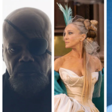 A collage of a woman wearing a mask, a man with an eyepatch, a woman wearing a ballgown, and a chef. 