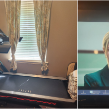 collage with large bowflex treadmill and TV show on the treadmill's screen