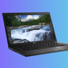 The Dell Latitude 5490 laptop superimposed over a colorful purplish-blue background