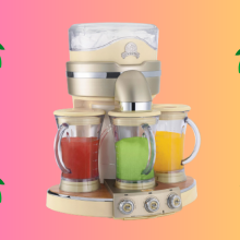 margaritaville tahiti frozen concoction maker overlaid on a colorful pink/yellow gradient background with illustrated palm trees
