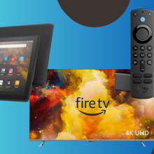 The Amazon Fire 10 HD tablet, 32" Fire TV, and Fire Stick from left to right on a blue and dotted background