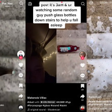 screenshots of bottles rolling down stairs in three different tiktok videos