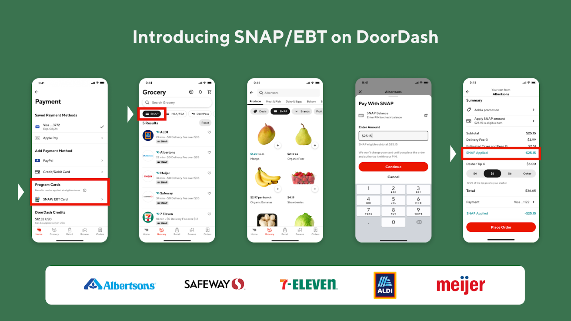 Five screenshots of the DoorDash app showing the new EBT card options while placing an order. 