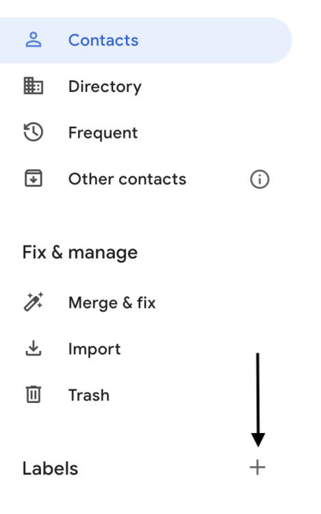 Google Contacts labels menu button