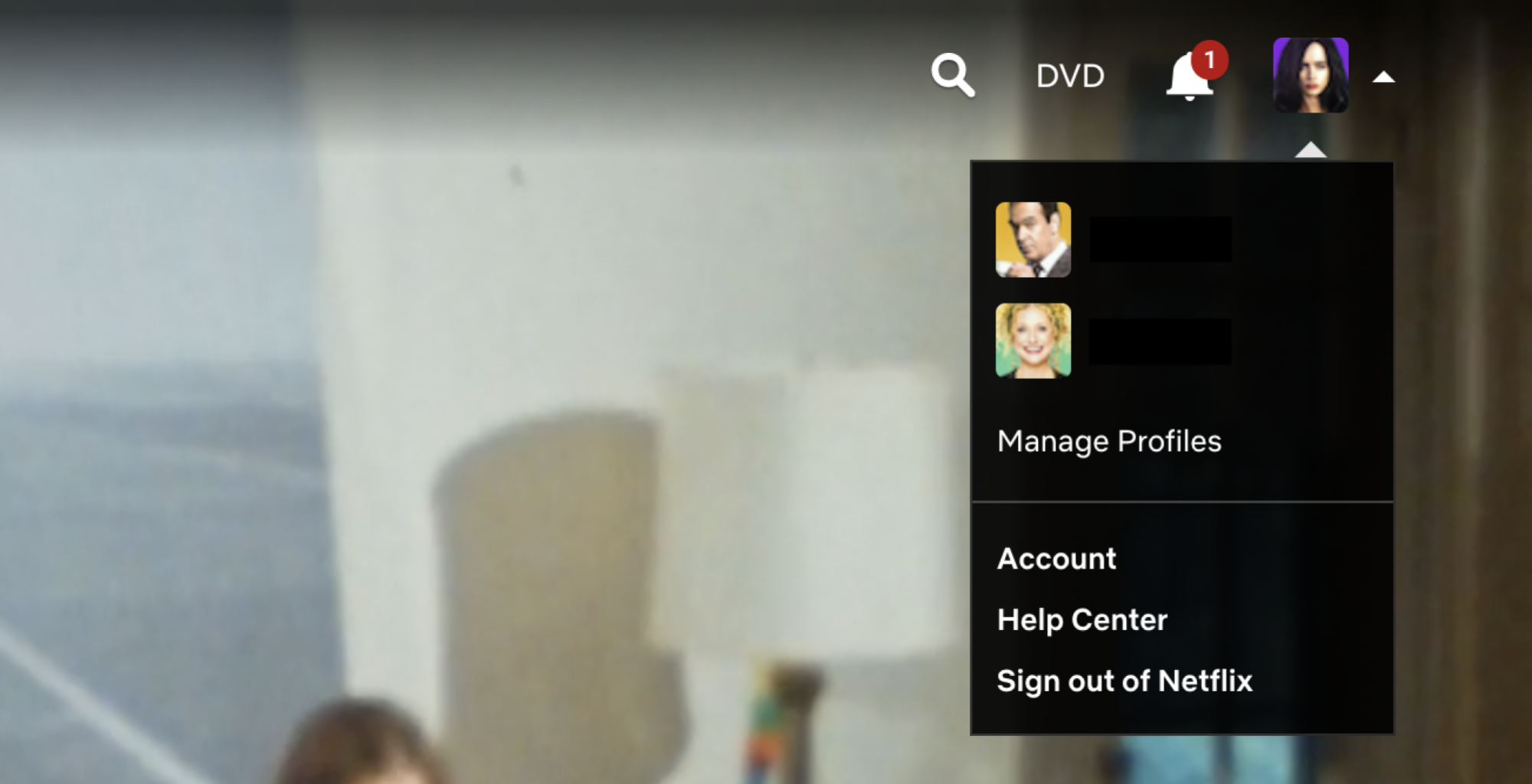 A screen shot of a web browser on Netflix.com, with the profile dropdown menu and option to sign out.