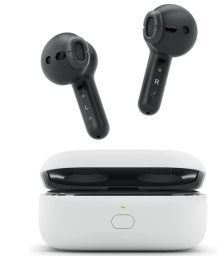 black earbuds with white charging case