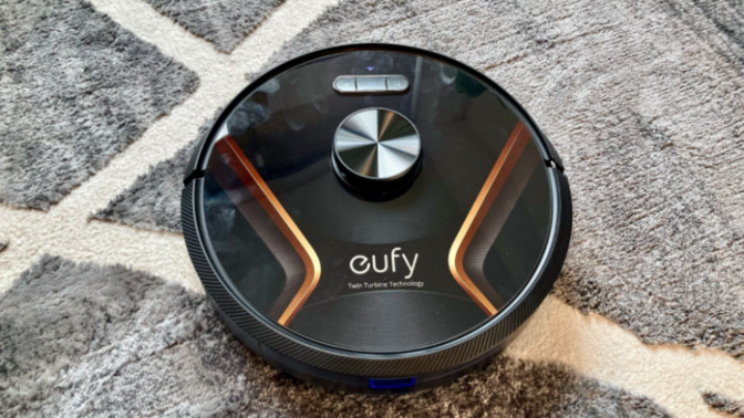 eufy RoboVac X8 Hybrid vacuum on carpet